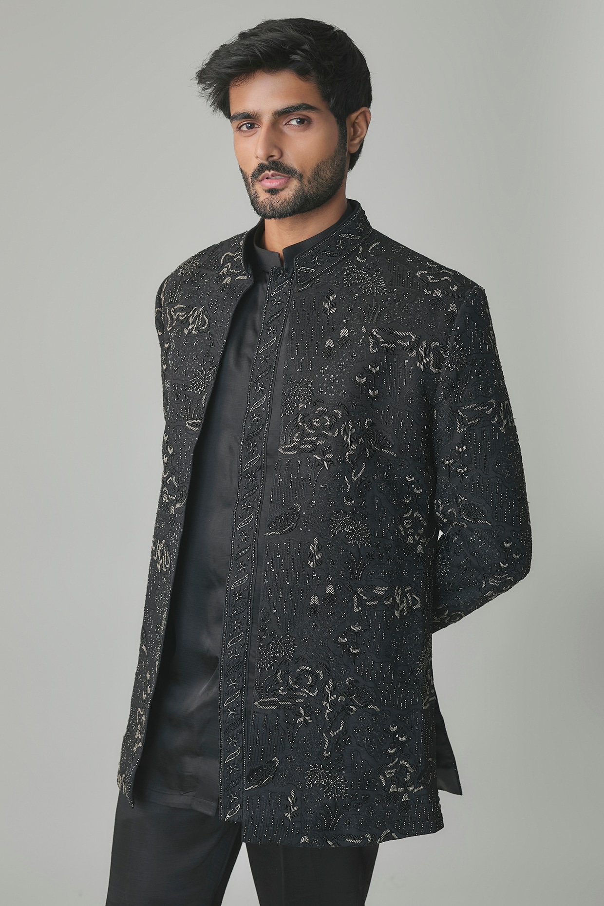 Black Lucknowi Cutdana & Poth Embroidered Open Jacket Set, view 4