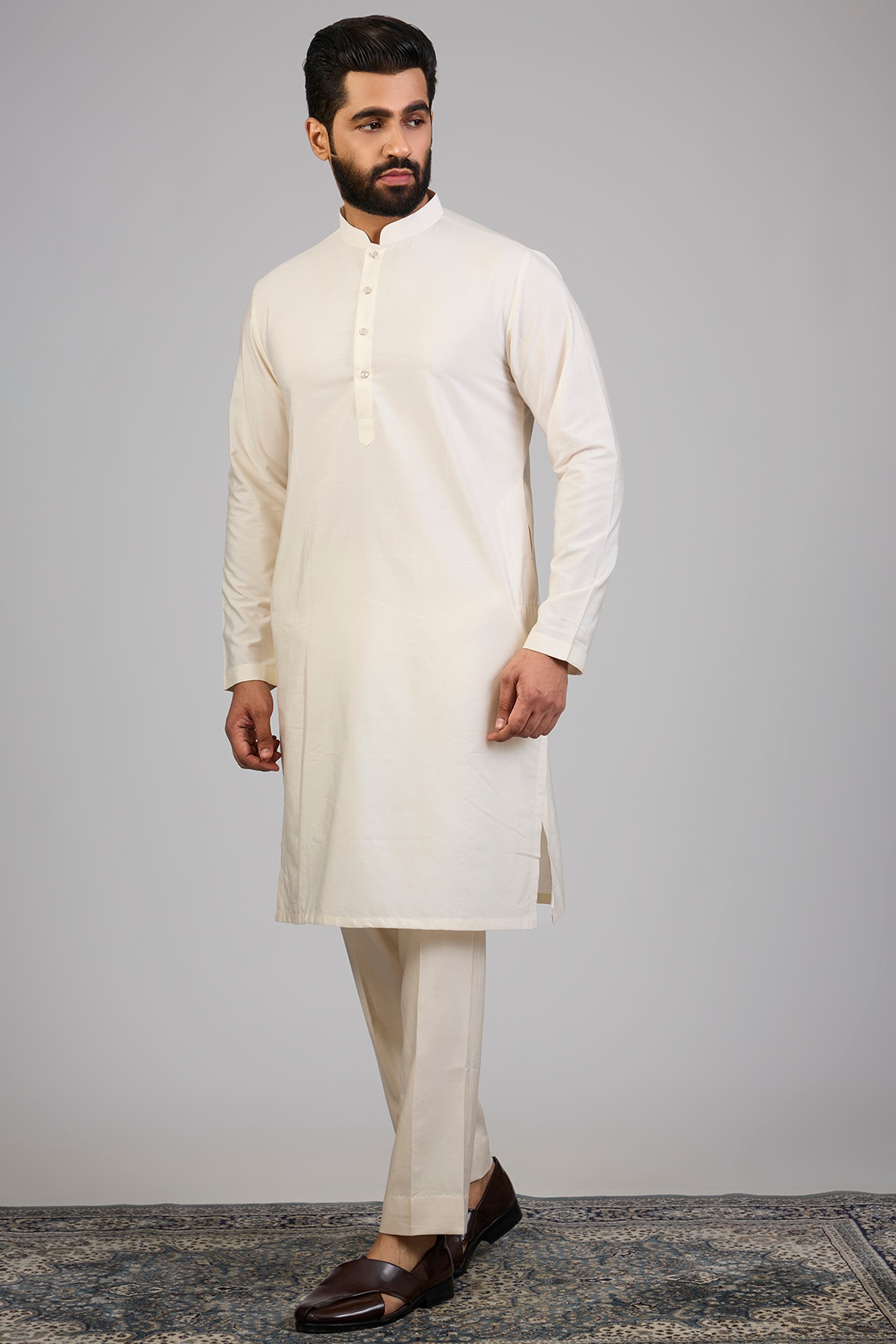 Cream Lucknowi Silk Sherwani Set, view 3