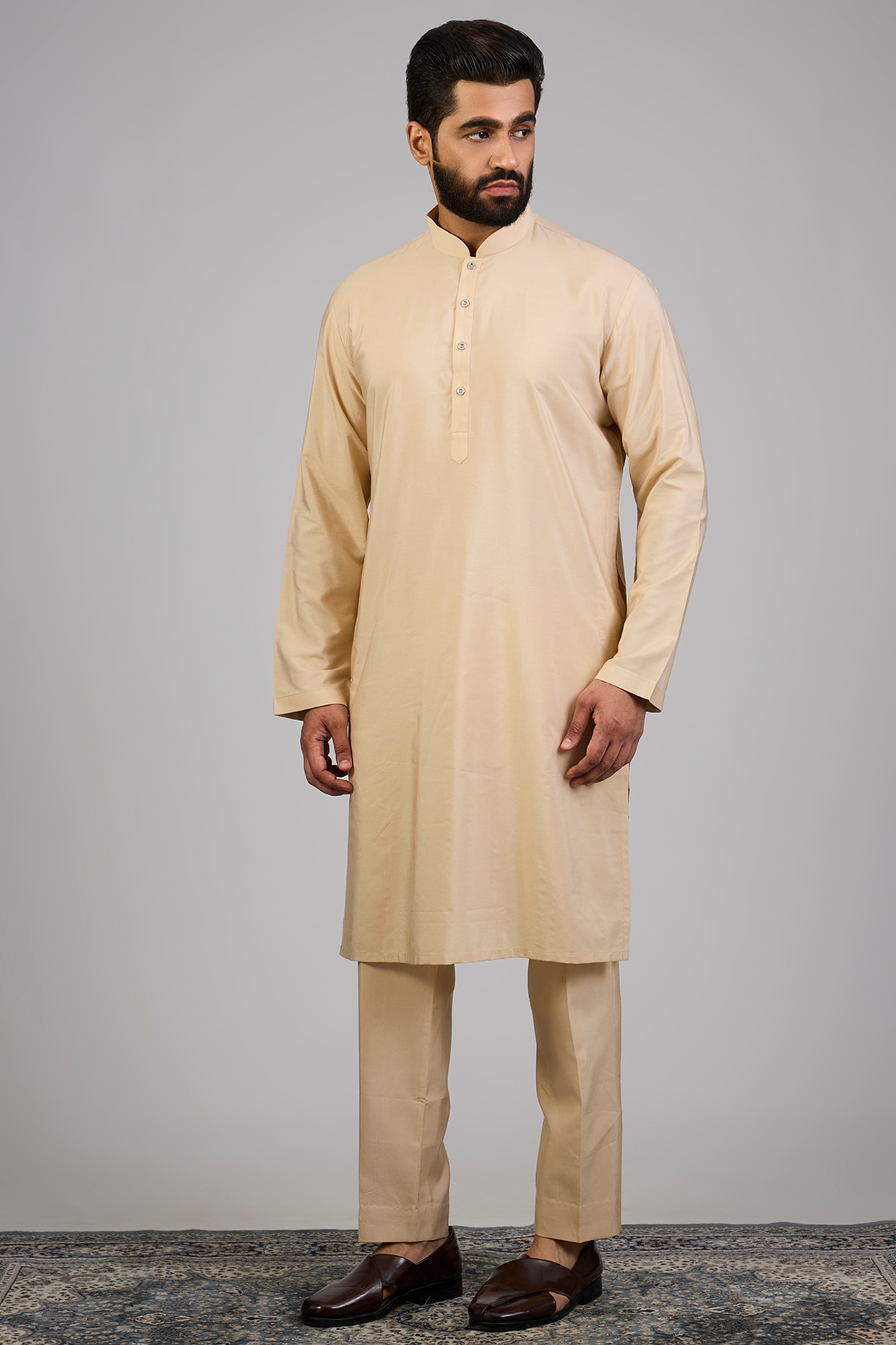 Beige Lucknowi Silk Sherwani Set, view 3