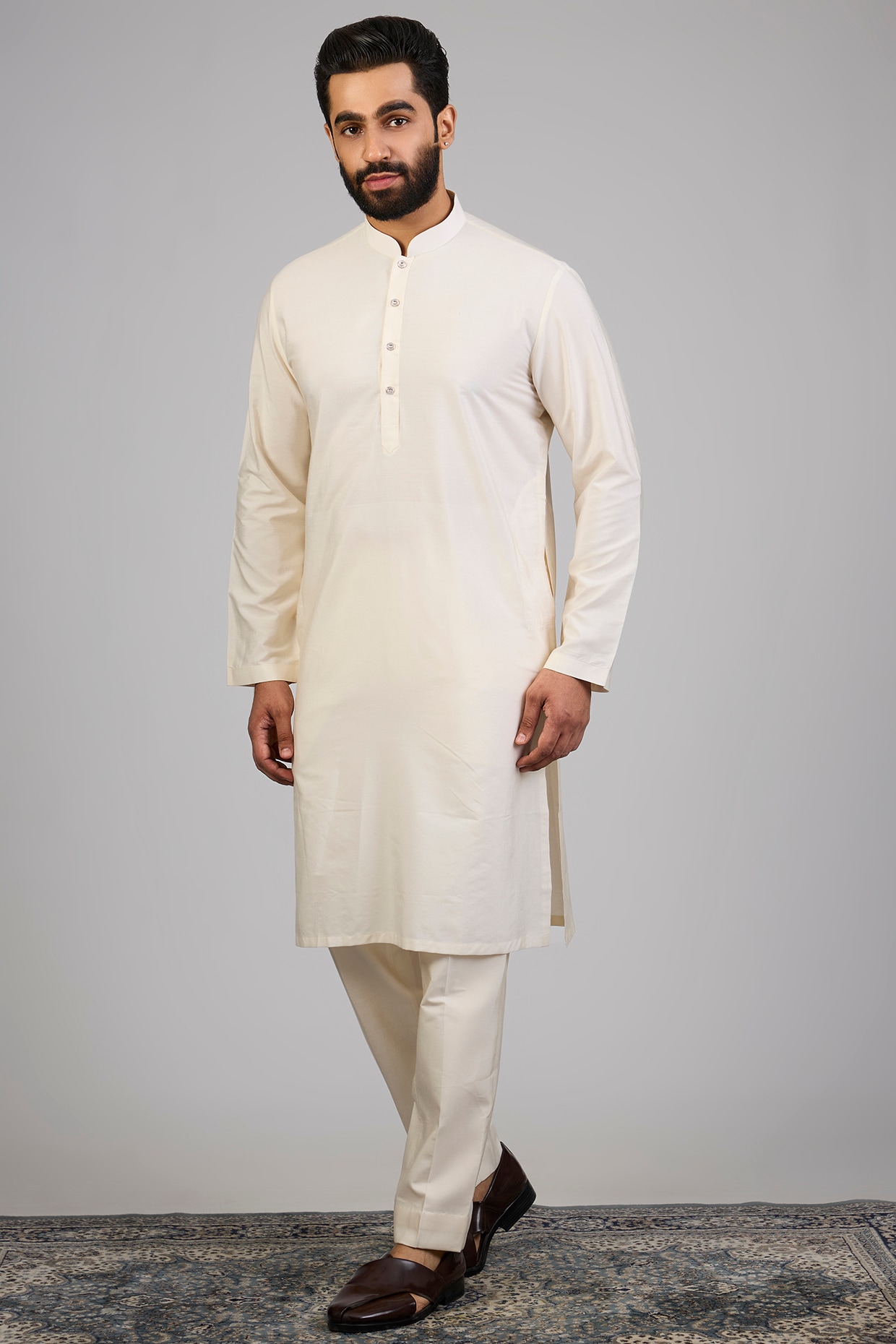 Cream Lucknowi Silk Sherwani Set, view 3