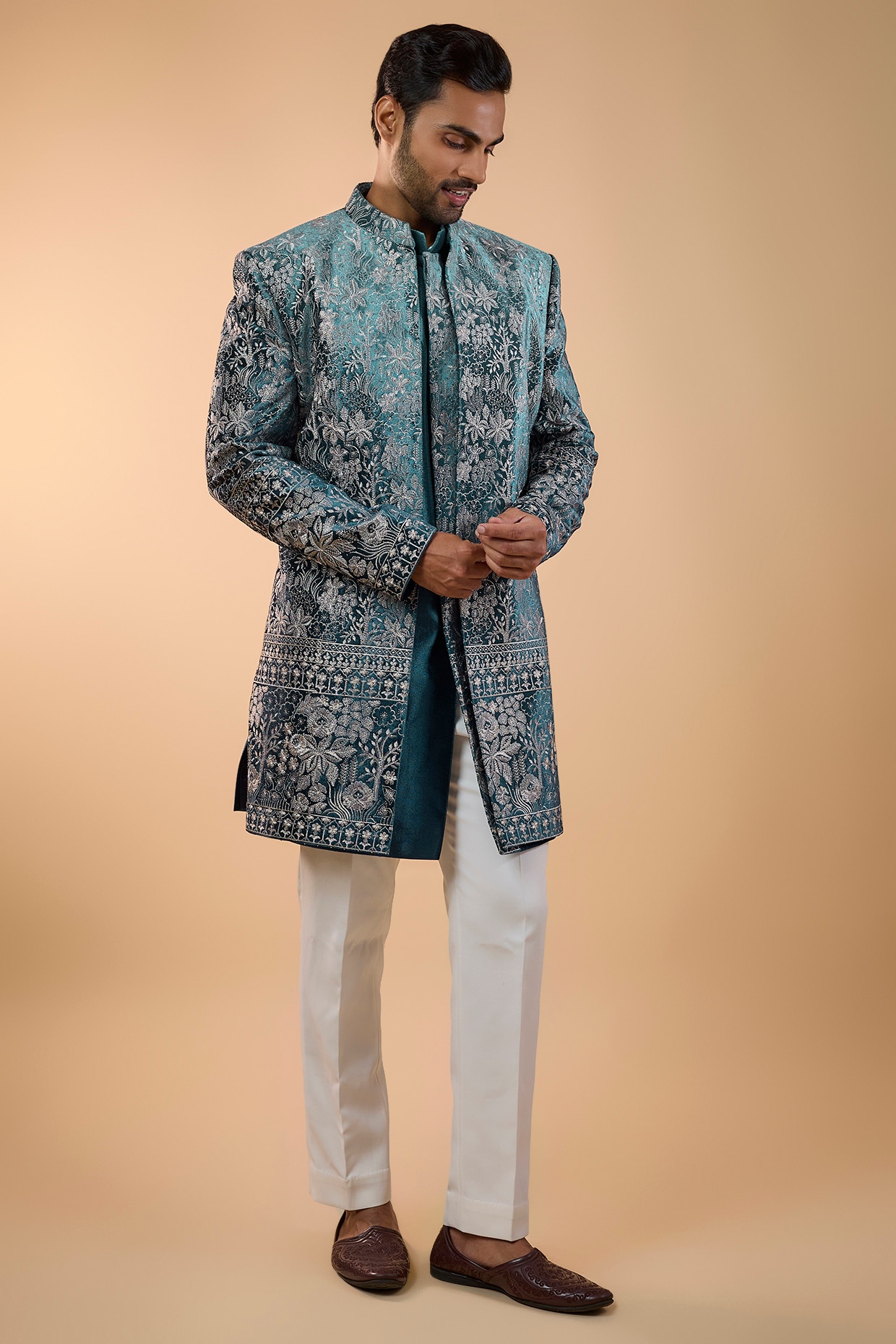 Teal Blue Velvet Threadwork Open Jacket Set