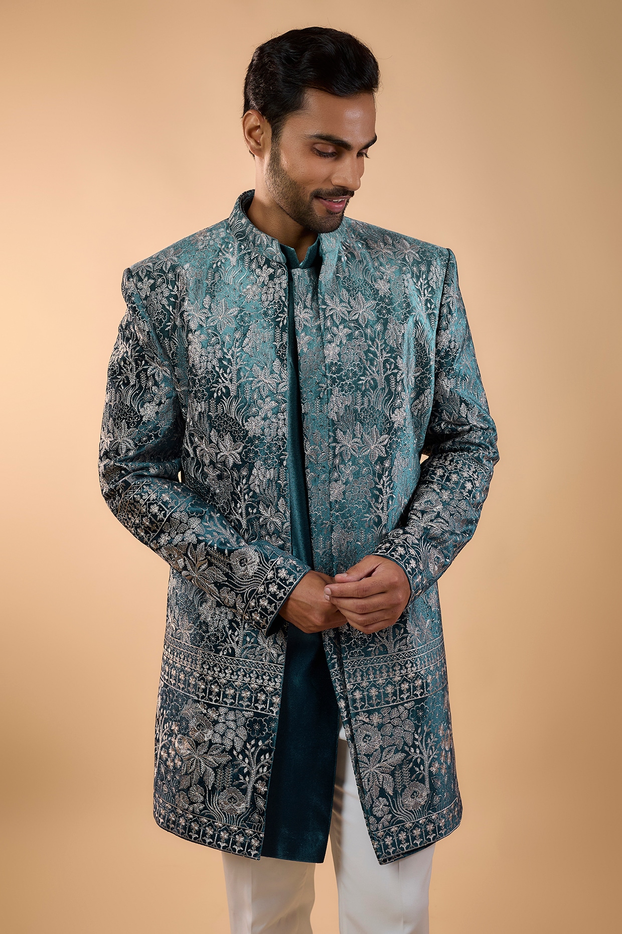 Teal Blue Velvet Threadwork Open Jacket Set, view 4