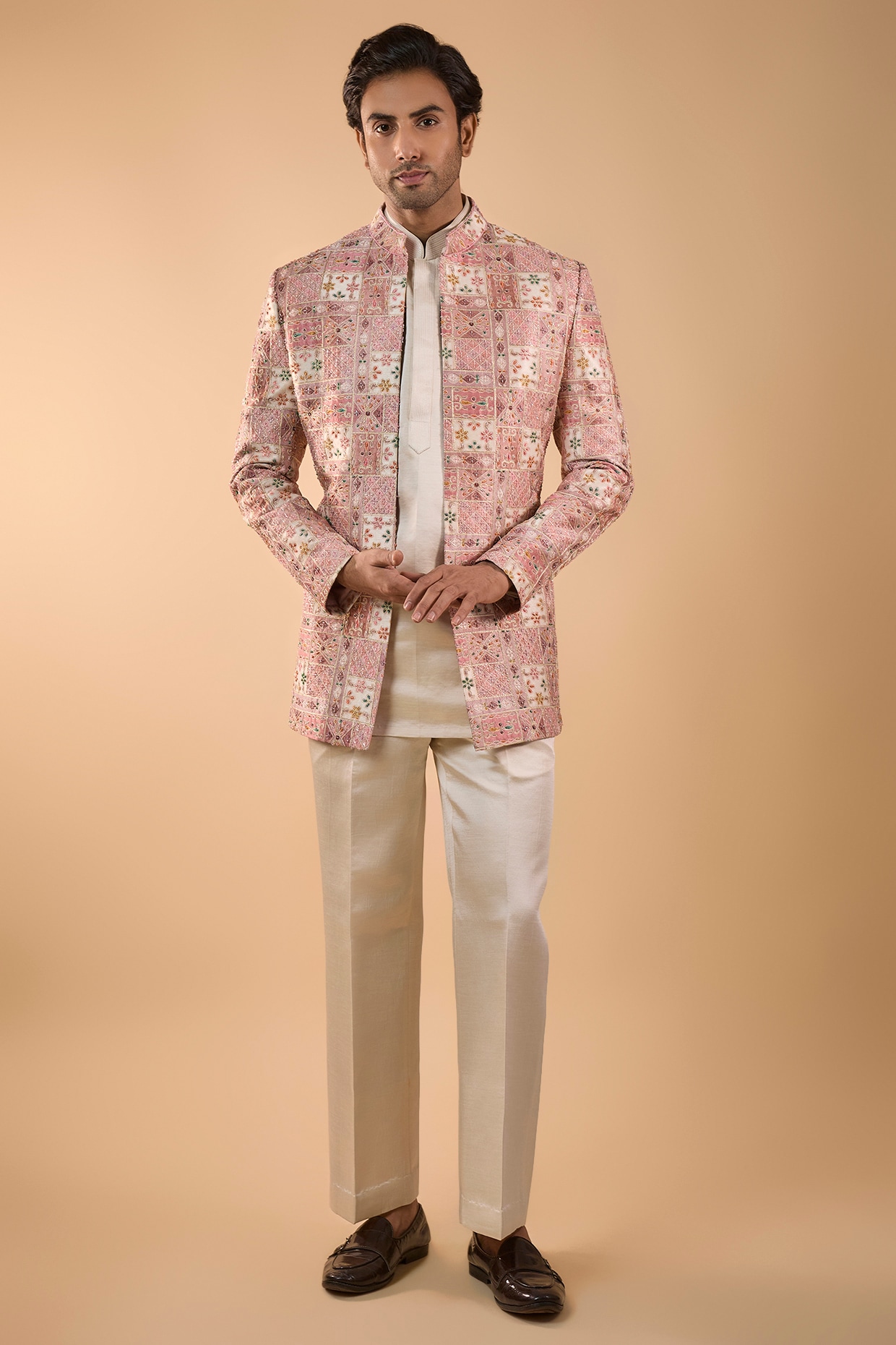Peach Silk Cutdana Handwork Open Jacket Set