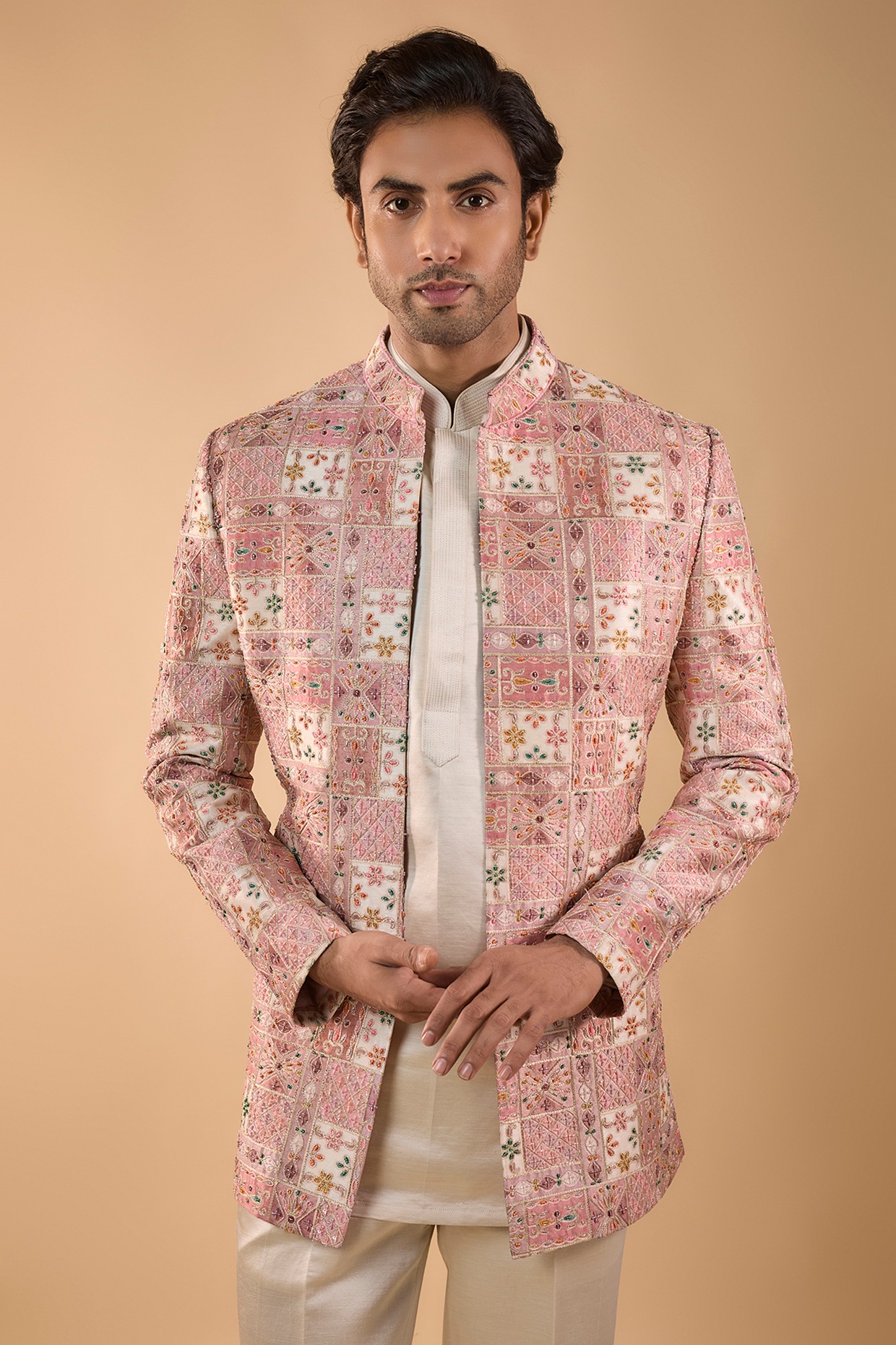 Peach Silk Cutdana Handwork Open Jacket Set, view 4