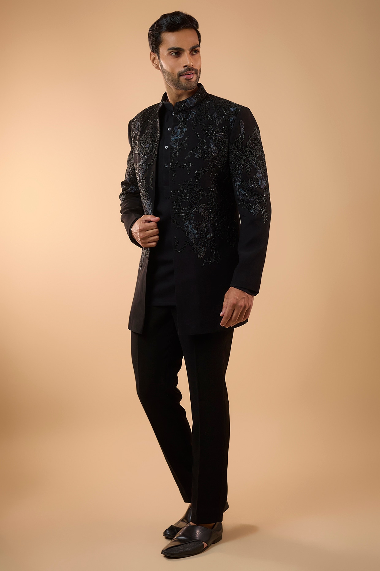 Black Boomario Fabric Cutdana Handwork Open Jacket Set