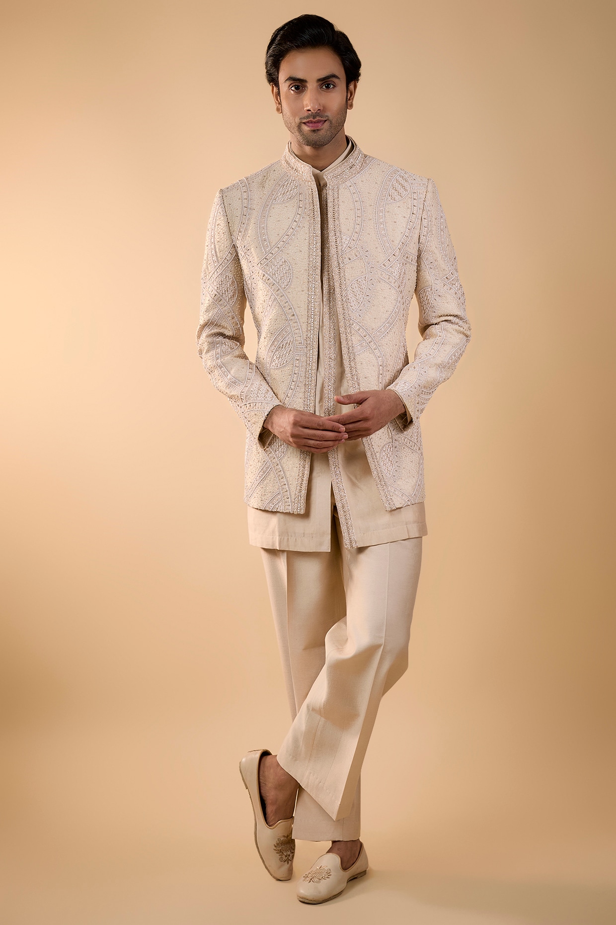 Blush Pink Chanderi Zardosi Handwork Open Jacket Set