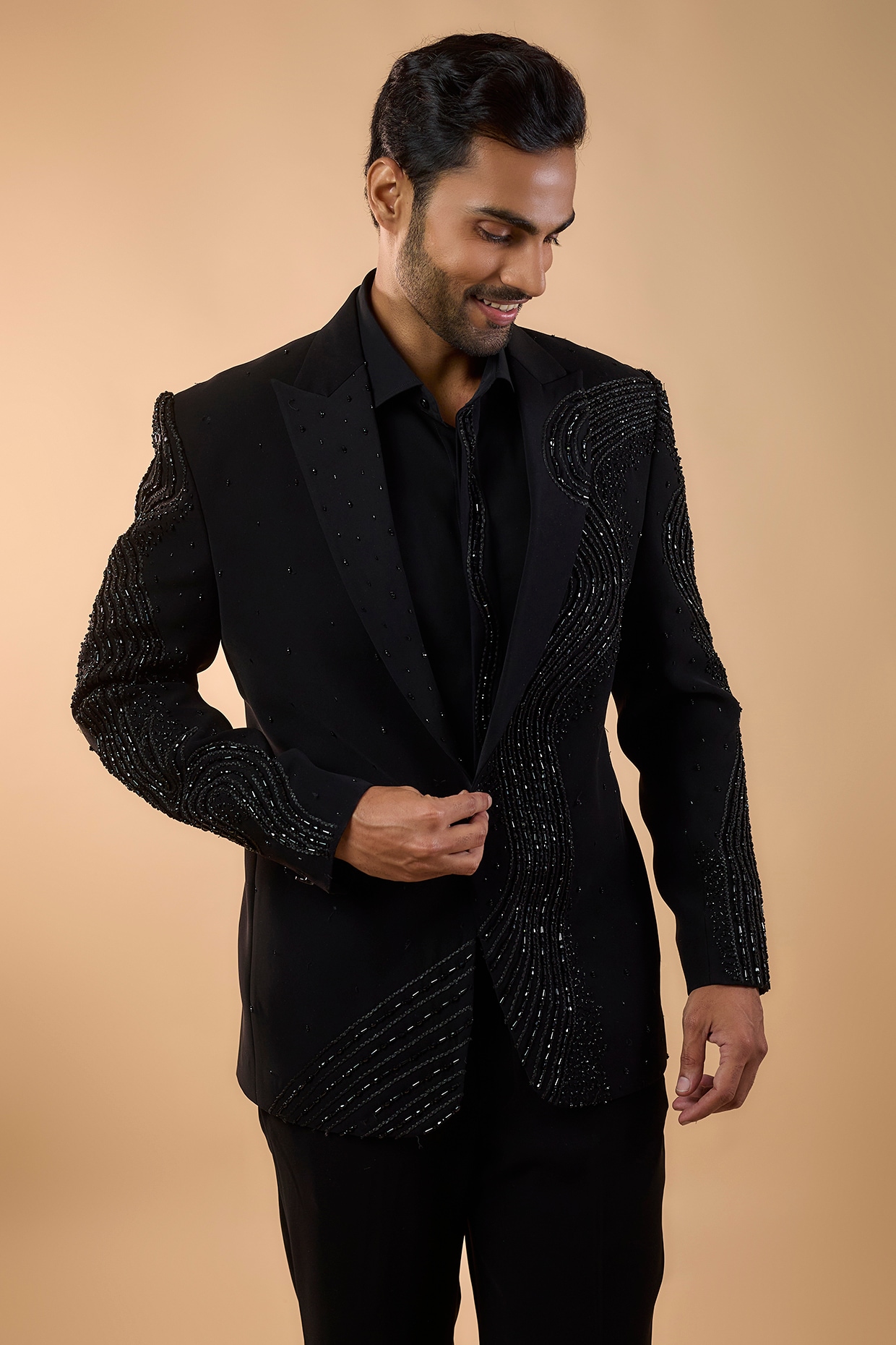 Black Boomario Fabric Thread Handwork Blazer Set, view 4