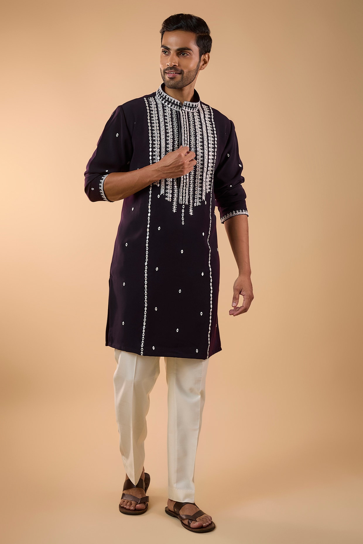 Wine Boomario Fabric Mirror Work Kurta Set