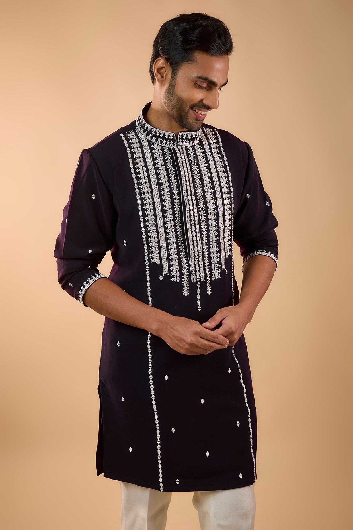 Wine Boomario Fabric Mirror Work Kurta Set, view 4