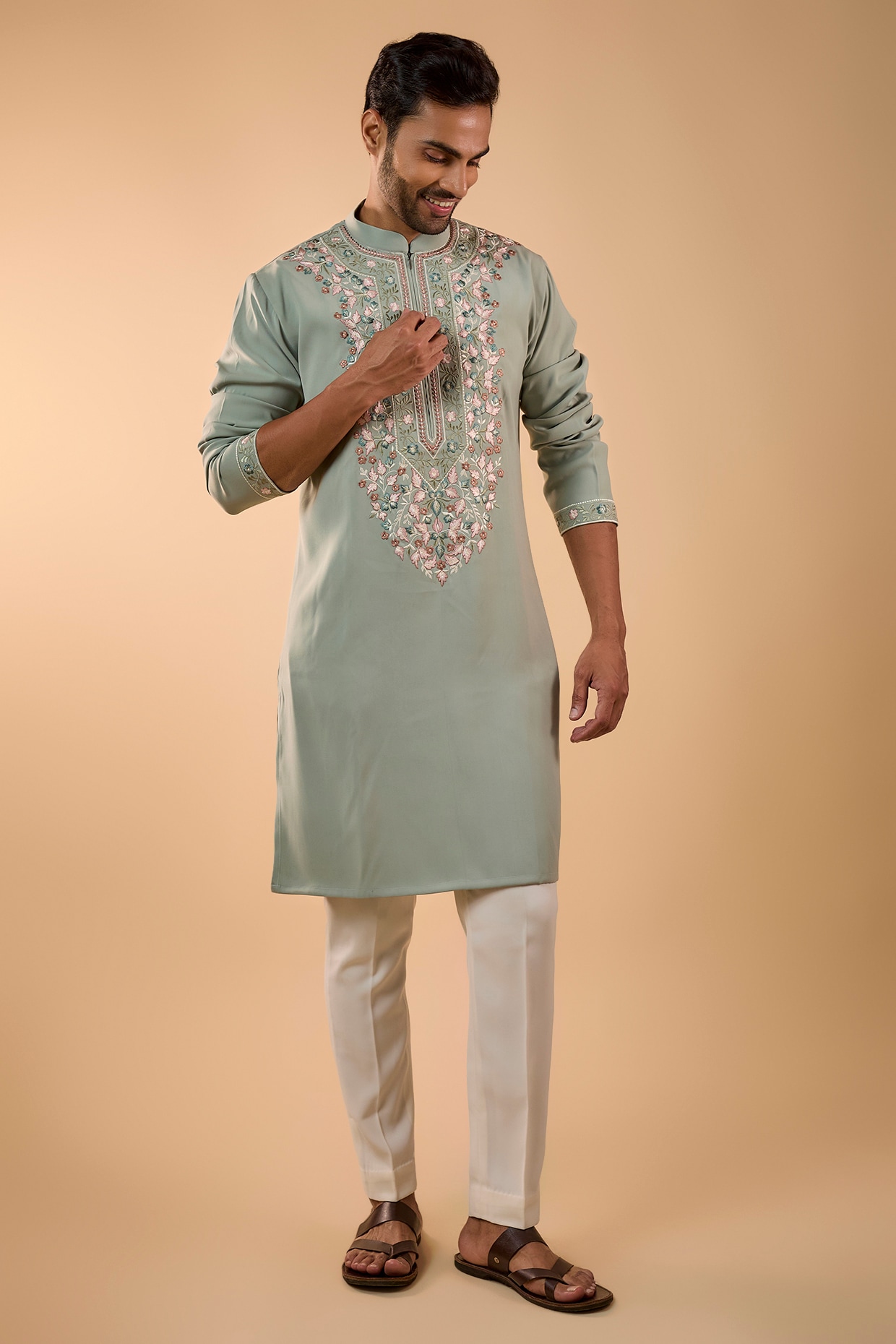 Light Green Boomario Fabric Hand Embroidered Kurta Set