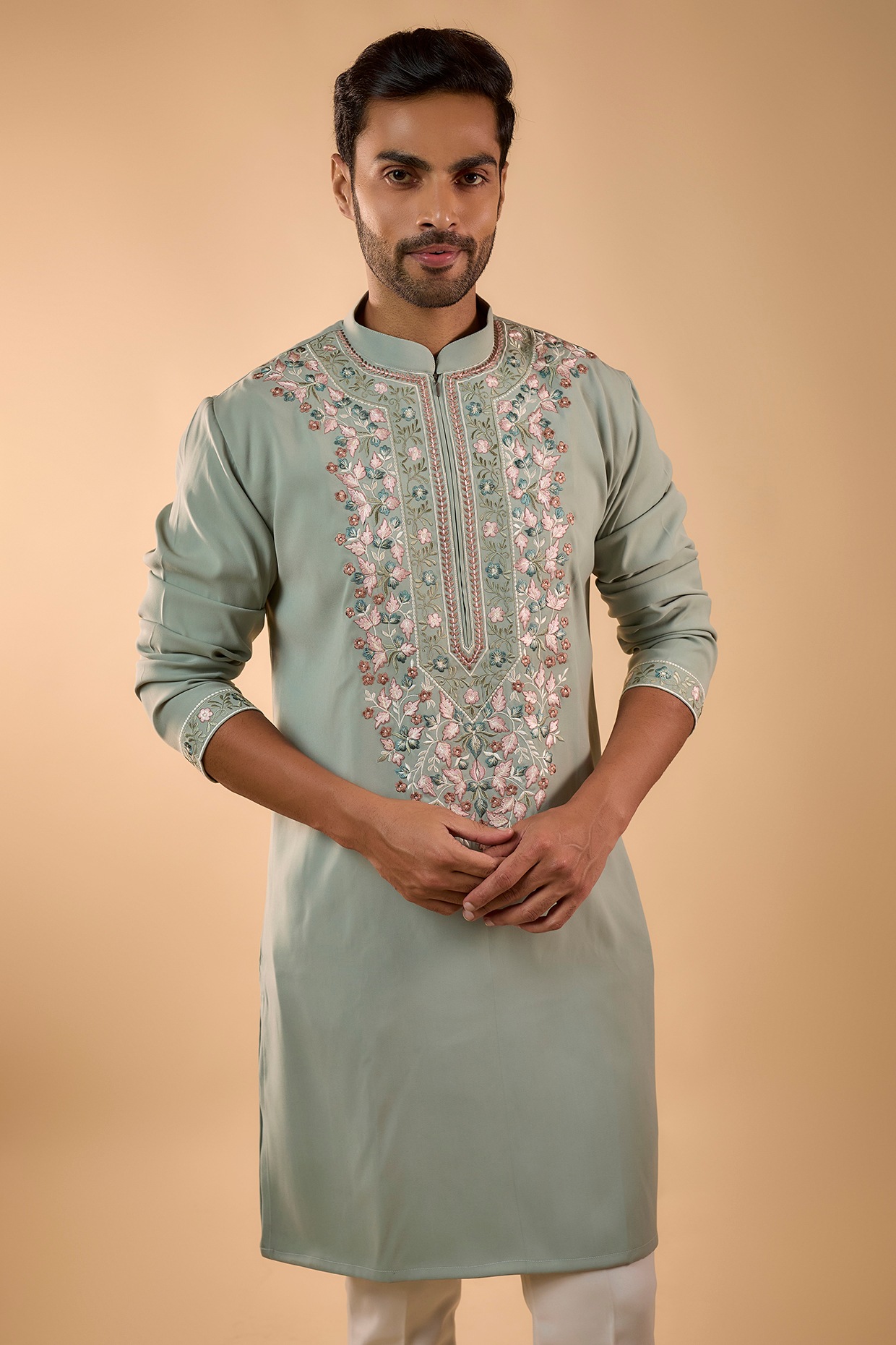 Light Green Boomario Fabric Hand Embroidered Kurta Set, view 3