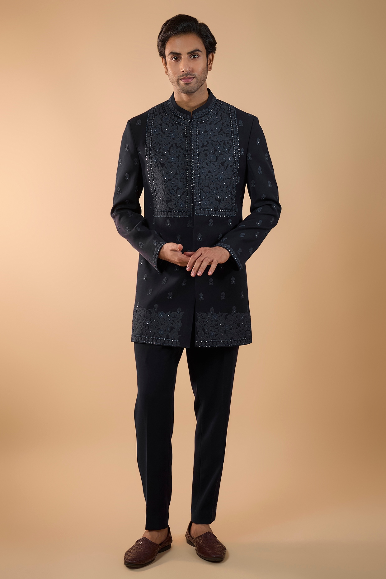 Midnight Blue Boomario Fabric Mirror Work Indowestern Set