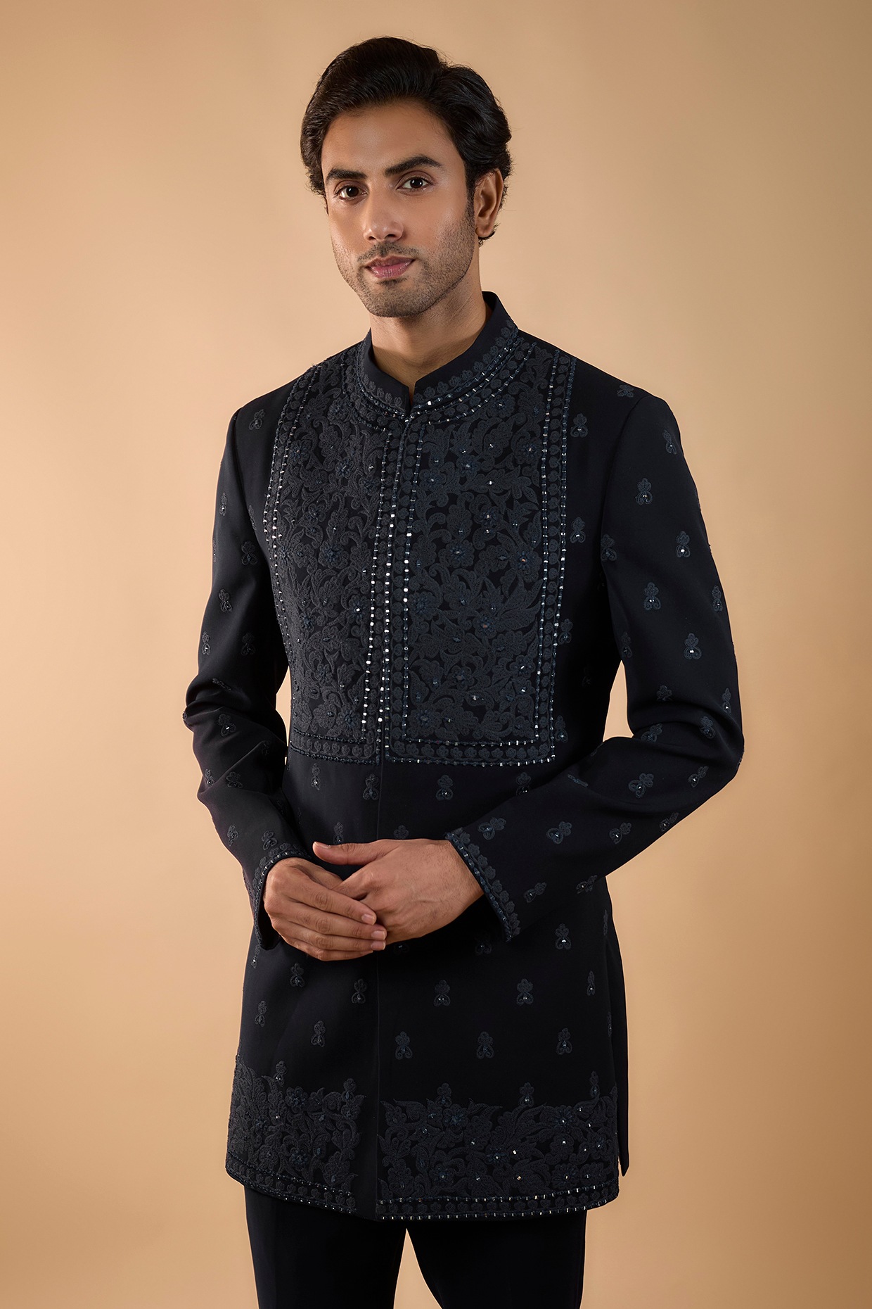 Midnight Blue Boomario Fabric Mirror Work Indowestern Set, view 3