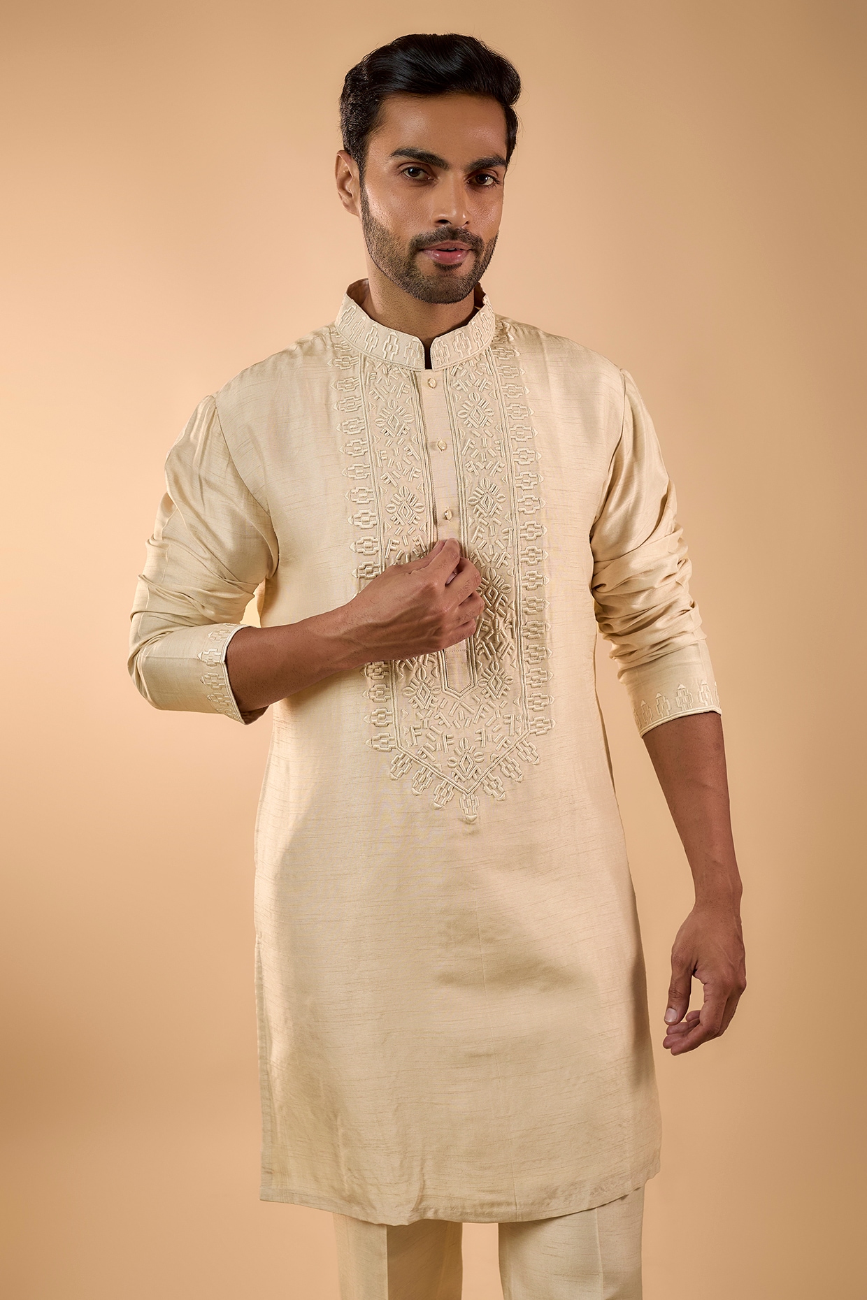 Cream Silk Hand Embroidered Kurta Set, view 4