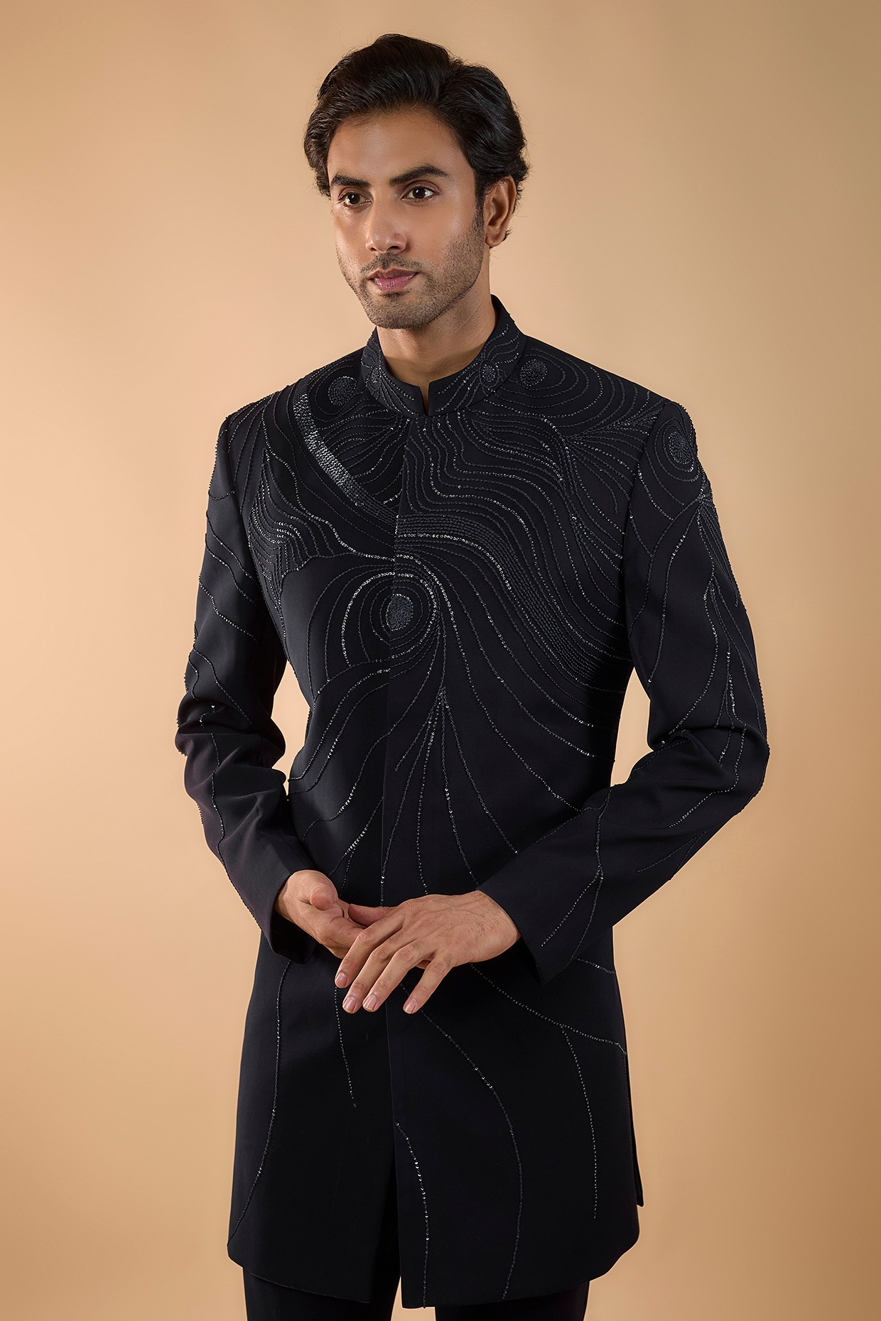 Midnight Blue Boomario Fabric ThreadWork Indowestern Set, view 4