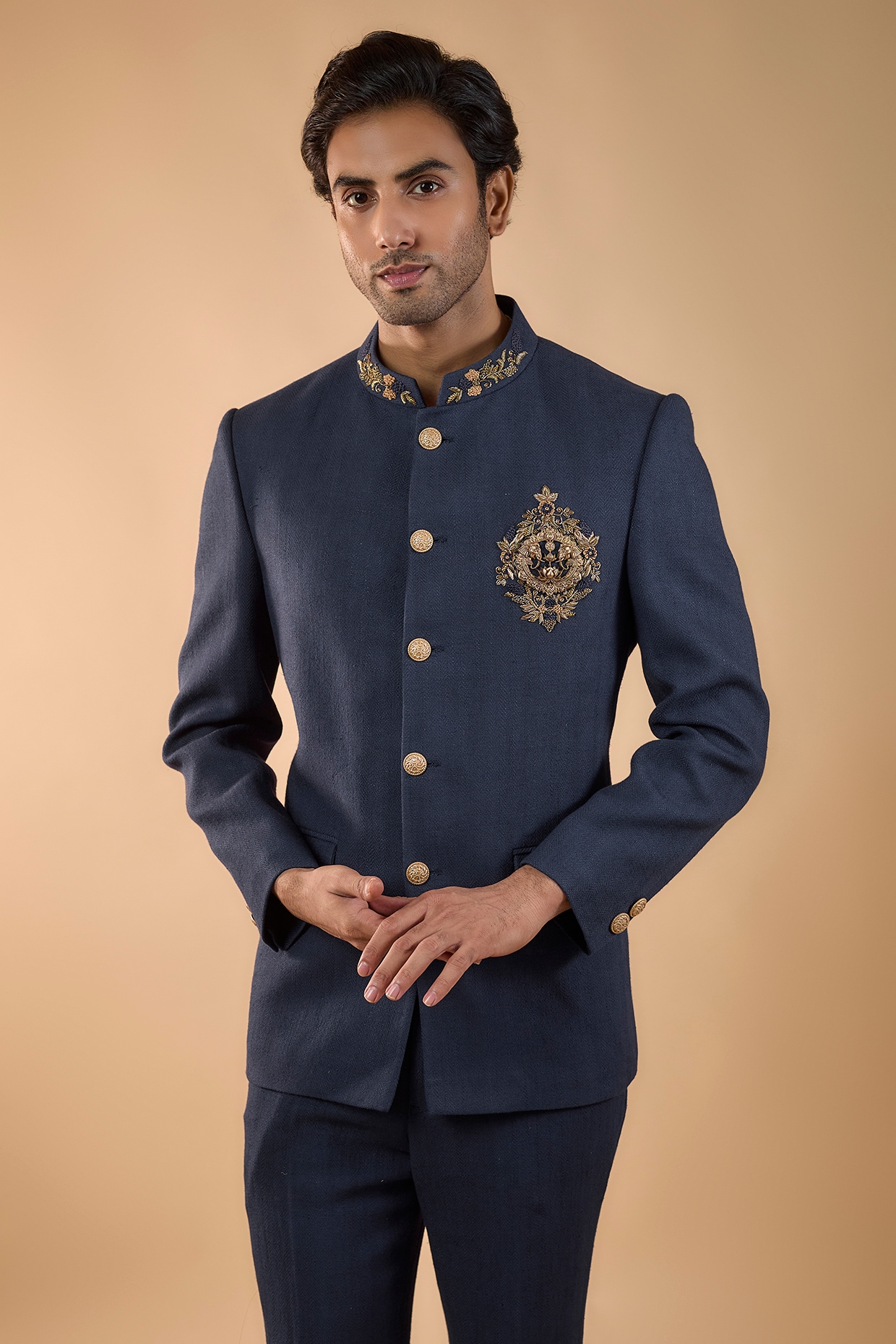 Royal Blue Matka Silk Handwork Jodhpuri Set, view 4
