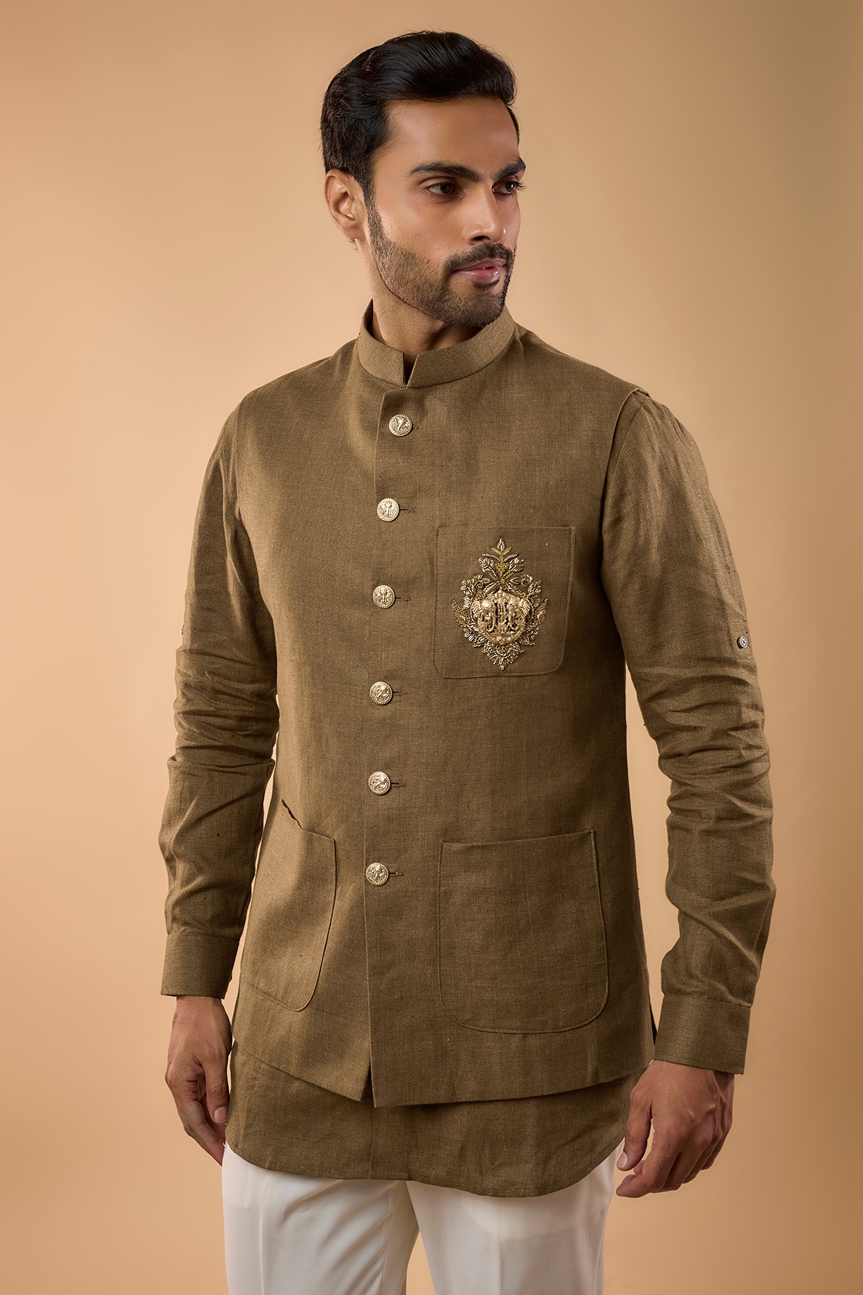 Brown Linen Handwork Bundi Jacket Set, view 4